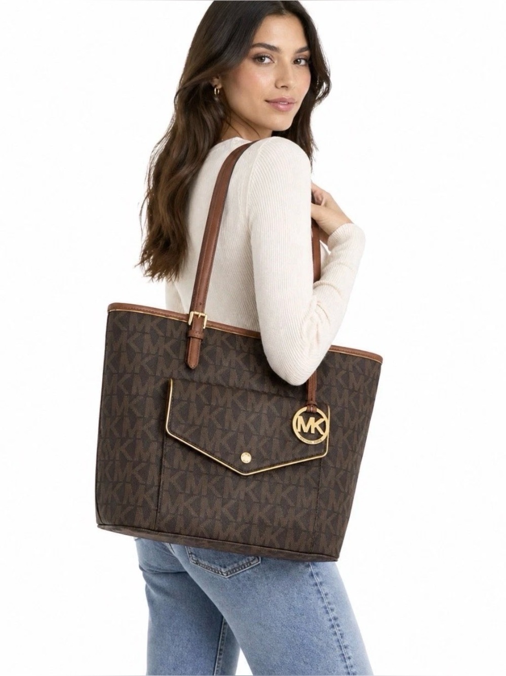 Michael Kors Jet Set Brown MK Signature Logo Tote Bag Gold Detailing. ✨NEW